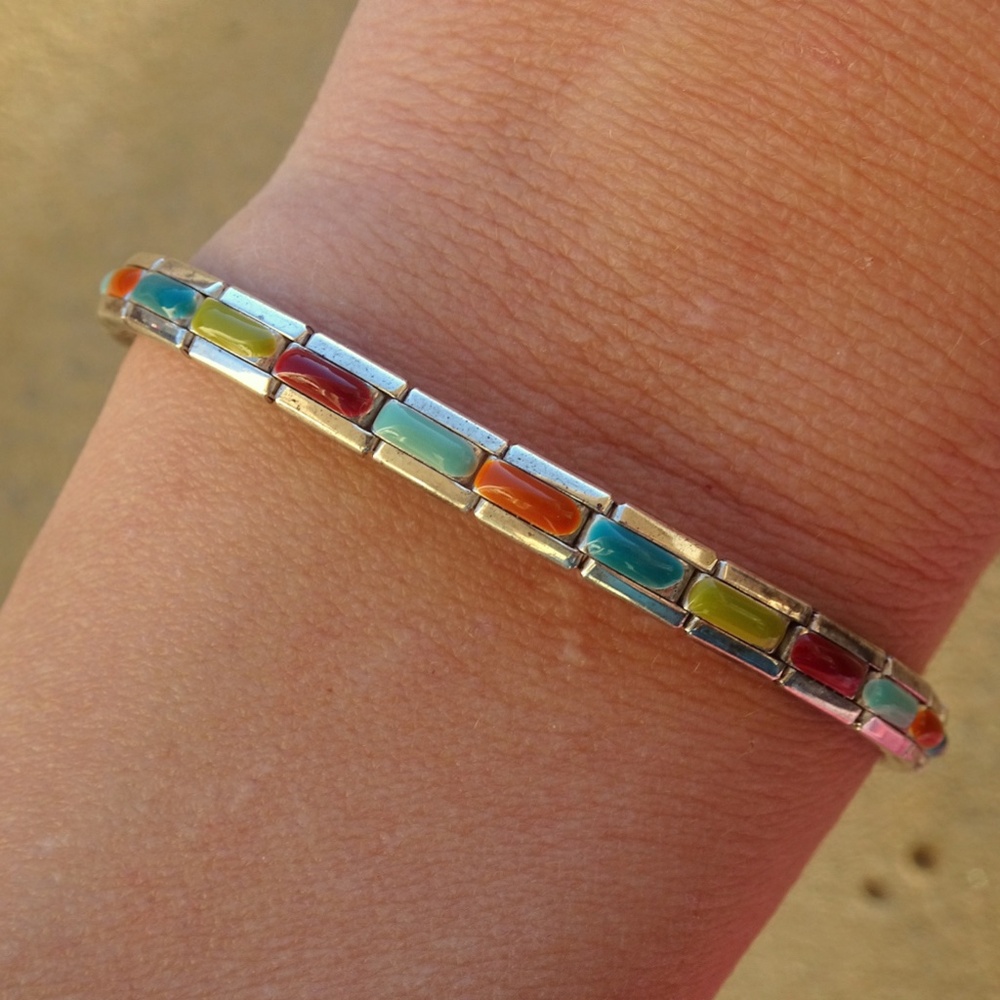 Vintage 90s Y2K Thin Silver Plated Colorful Enamel Stacking Charm Bracelet